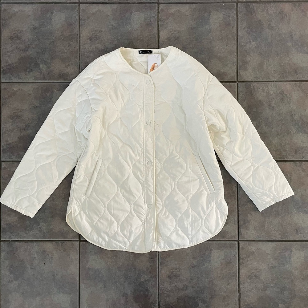 Quilted Bomber Ivory Jacket Snap Button Light Coat Outerwear Size Large